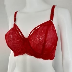 SPARKLY RED LACE UNDER WIRE CAGE BRA SZ 40C